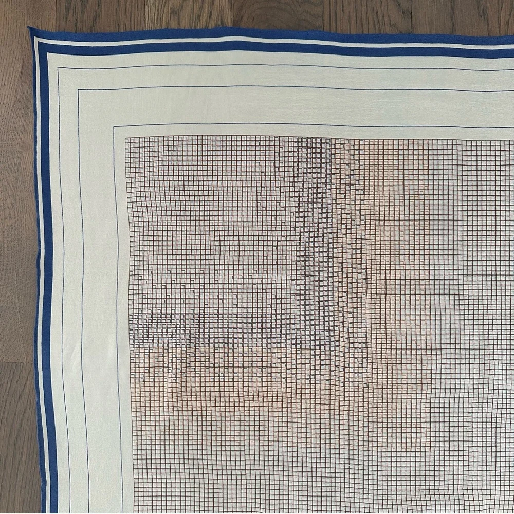 Vintage Anthro 100% Silk Crepe Scarf Grid Print Cream, Rust, Blue 34